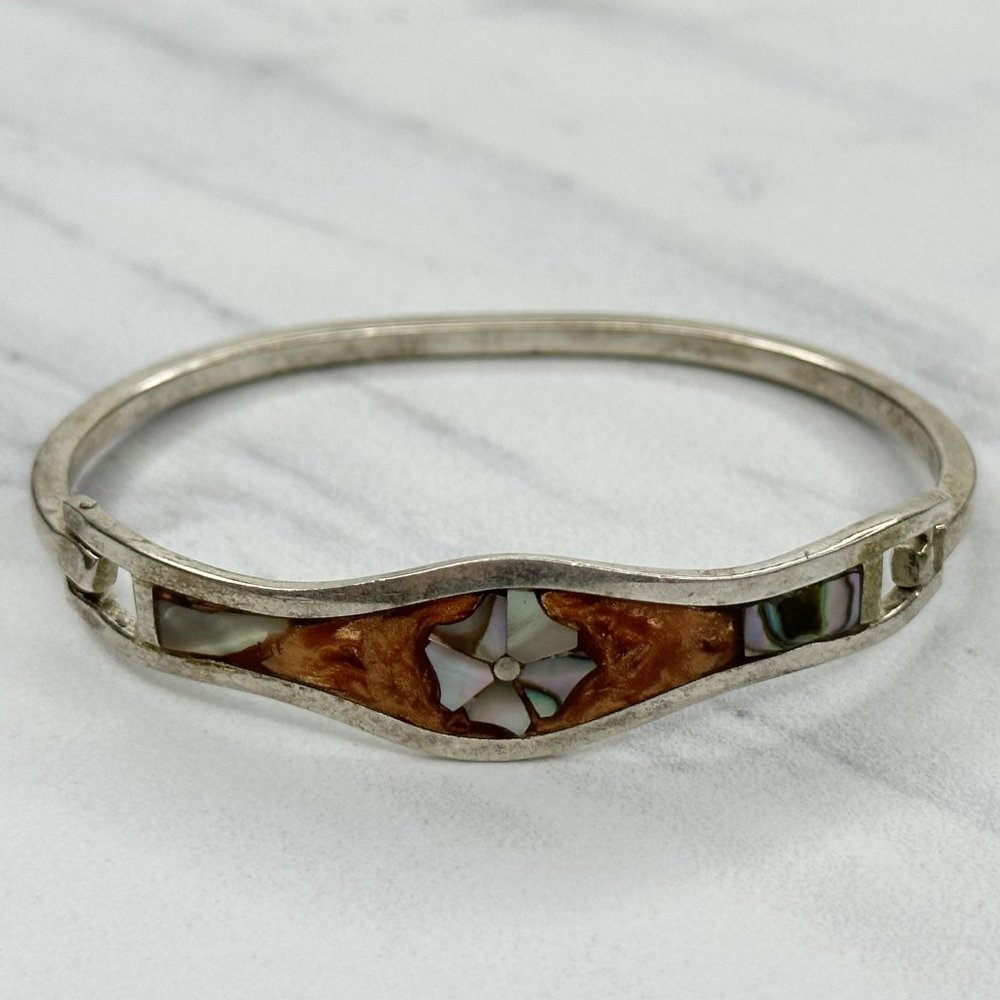 Vintage Mexico Silver Tone Abalone Shell Flower Inlay Hinge Bangle Bracelet - Picture 2 of 11
